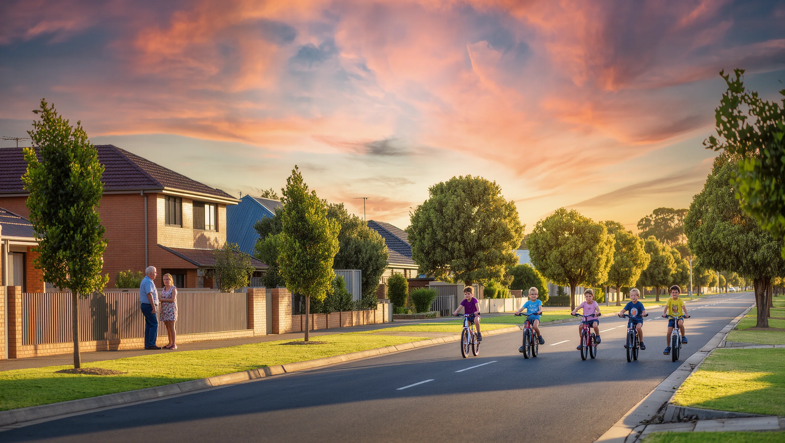 New residential street at golden hour